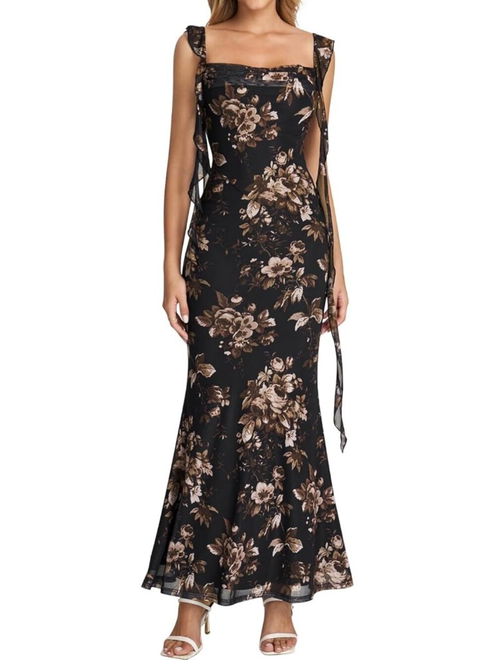 Women's Black Floral Boat Neck Elegant Ruffle Bodycon Formal Cocktail Maxi Dress